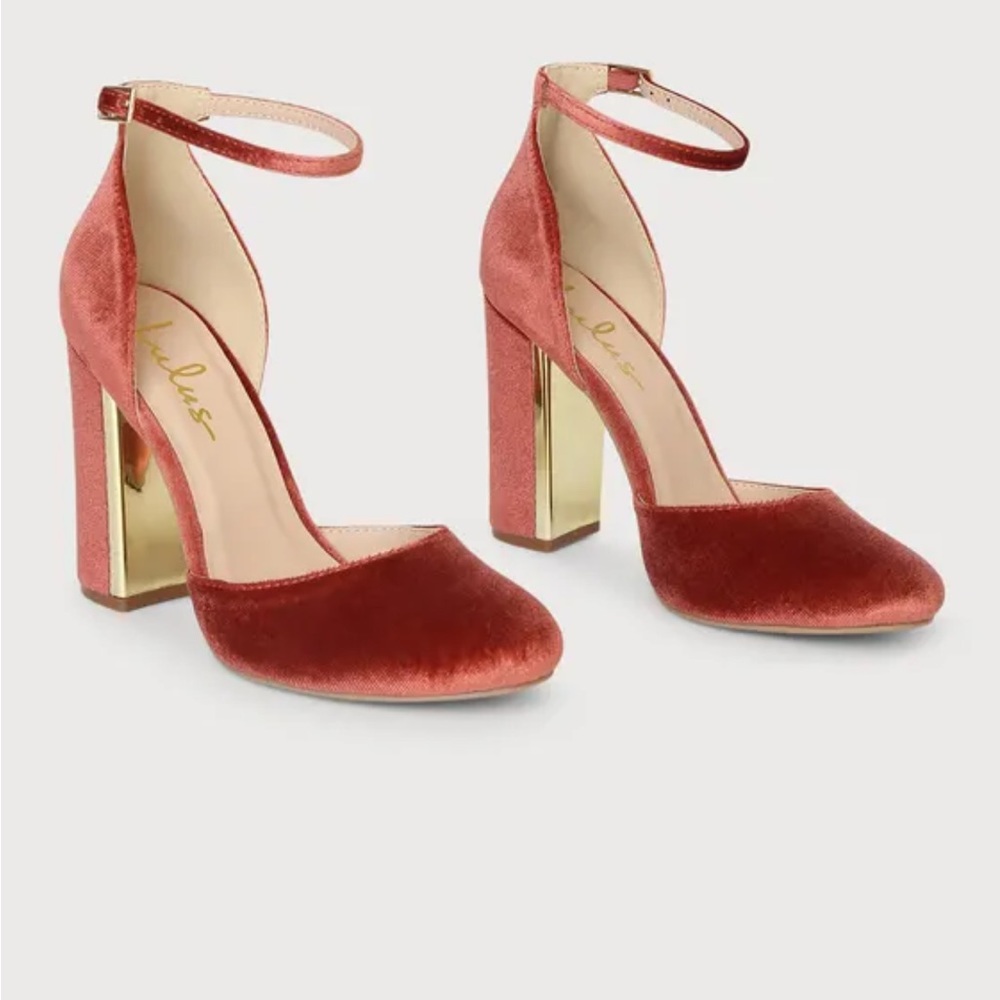 Lulu’s Laura Rust Velvet Ankle Strap Heels